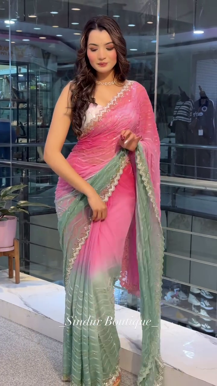 Rose Mist: Ombré Organza Saree with Chevron Shimmer - Image 3