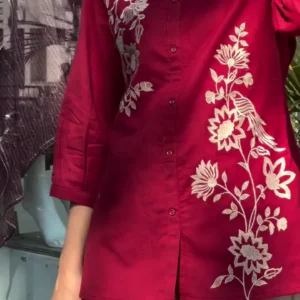 Elegant Wine Red Blossom Cotton Top with Floral & Bird Embroidery