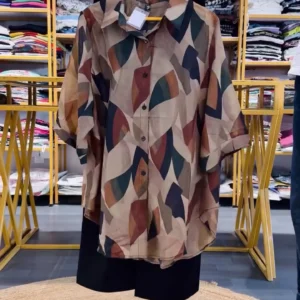 Elegant Earth-Tone Abstract Print Button-Down Blouse
