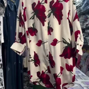 Elegant Ivory & Red Floral Print Longline Casual Shirt