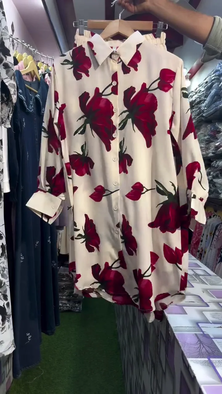 Elegant Ivory & Red Floral Print Longline Casual Shirt