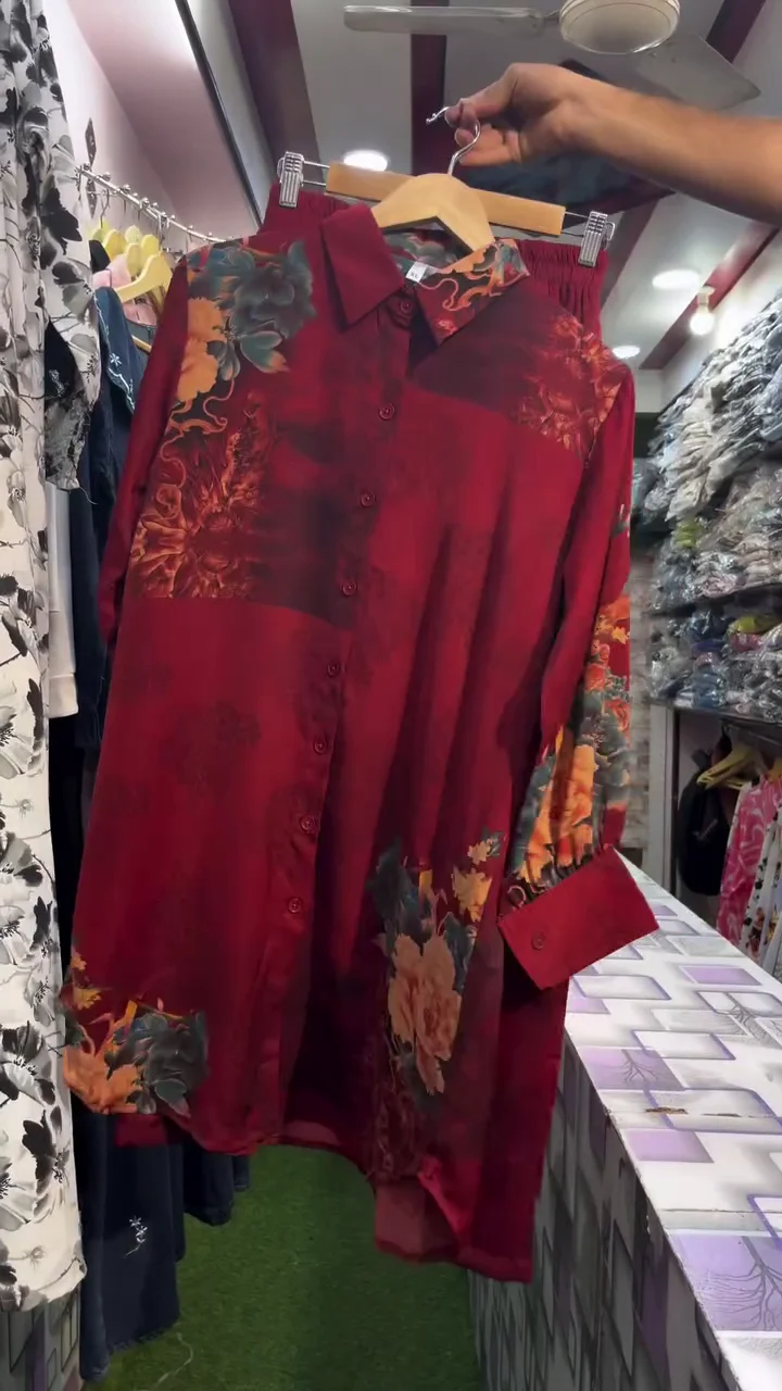 Elegant Ivory & Red Floral Print Longline Casual Shirt - Image 4