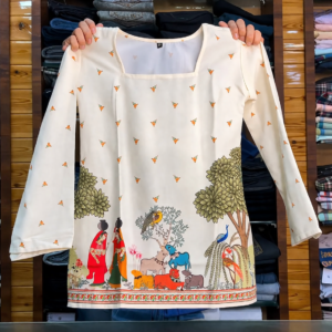 Premium Off-White Ethnic Tunic featuring Traditional Village Art Print