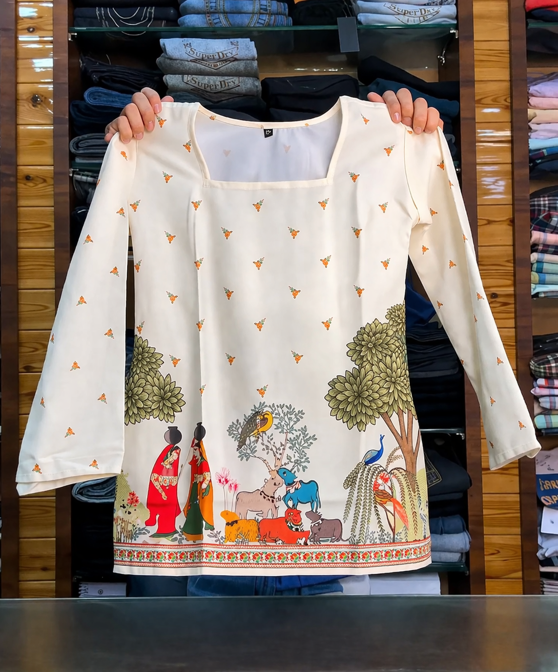 Premium Off-White Ethnic Tunic featuring Traditional Village Art Print