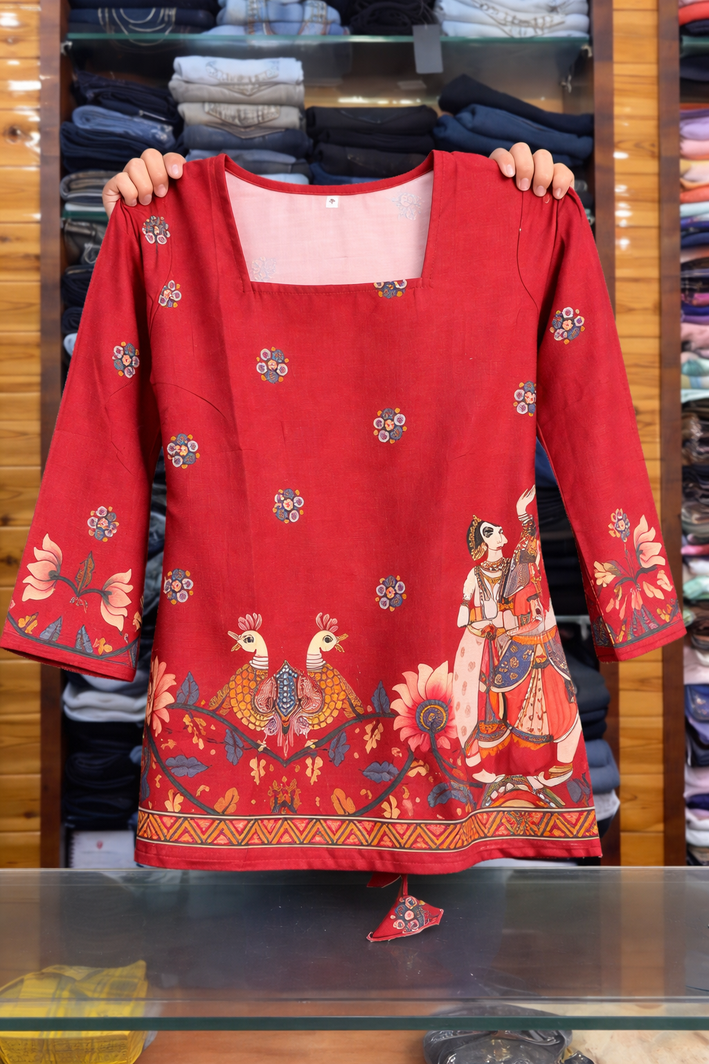 Premium Off-White Ethnic Tunic featuring Traditional Village Art Print - Image 2