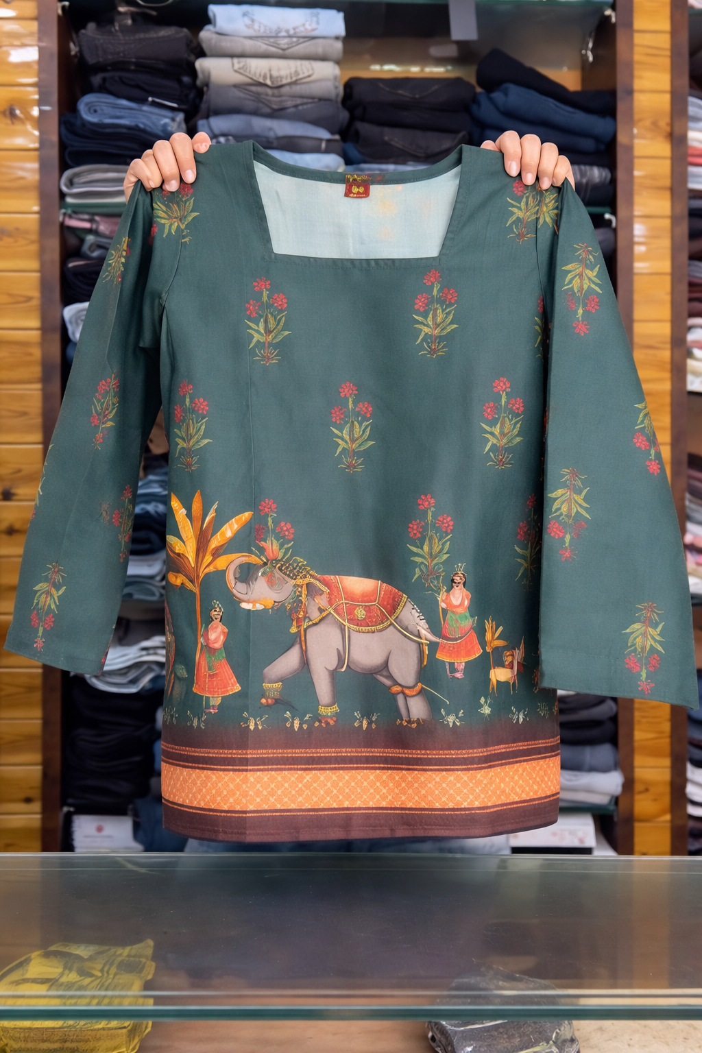 Premium Off-White Ethnic Tunic featuring Traditional Village Art Print - Image 3