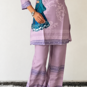 Elegant Lavender Ethnic Co-ord Set with Traditional Art Print & Palazzo Pants