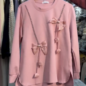 Elegant 2-Piece Coord Set – Embellished Pink Sweatshirt Top & Denim Trousers