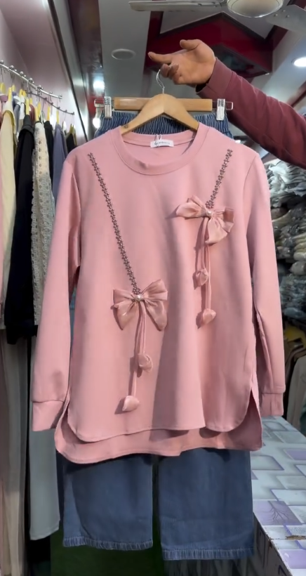 Elegant 2-Piece Coord Set – Embellished Pink Sweatshirt Top & Denim Trousers