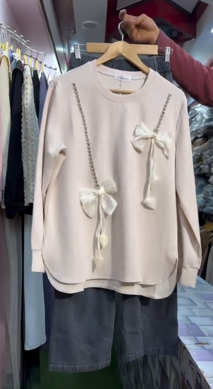 Elegant 2-Piece Coord Set – Embellished Pink Sweatshirt Top & Denim Trousers - Image 2